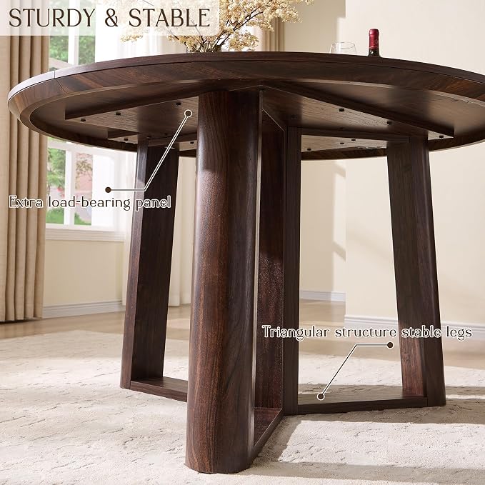 OKD 47" Dining Table for 4-6, Round Dining Room Table with Triangular Structure Pedestal Stable Base, Curved Table Edge, Circle Kitchen Tables for Dining Room, Kitchen, Dark Walnut