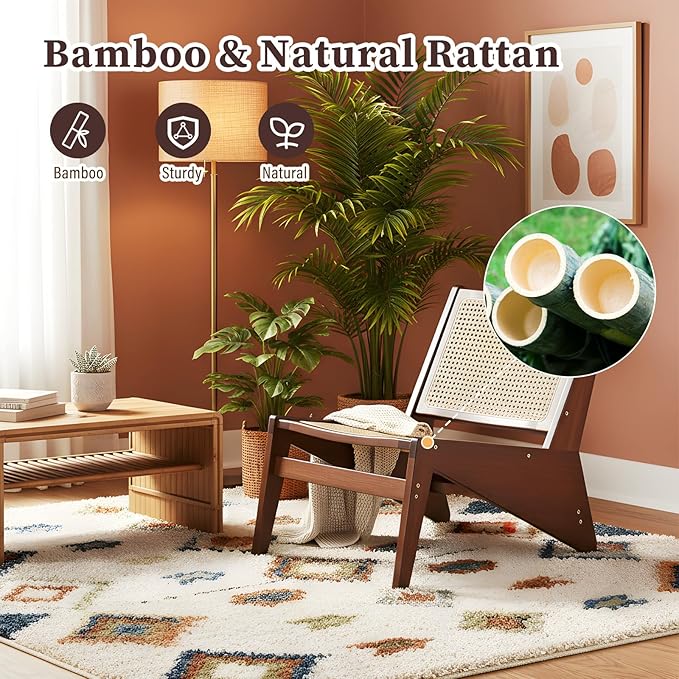 Furlide Rattan Chair 2Pcs, Mid-Century Accent Chair, Rattan Lounge Chair for Living Room, Boho Side Corner Comfy Chair for Bedroom and Balcony, Walnut