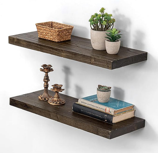 Dreamland 8inch Shelves for Wall 18"x8" Set of 2 - Flat Edge Elm Wood Shelves with Invisible Brackets, Rustic Wall Mounted Shelves for Living Room, Bedroom, Kitchen, Office Decor, Walnut Finish