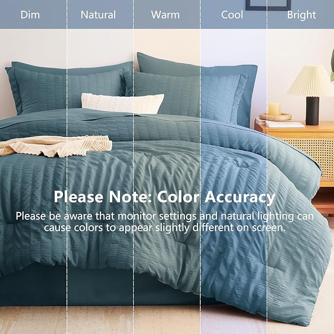 CozyLux Twin Comforter Set with Sheets 5 Pieces, Mineral Blue Seersucker Luxury Textured Bed in a Bag, All Season Bedding Sets with Down Alternative Comforter, Sheets, Pillowcase & Sham, Home Gift