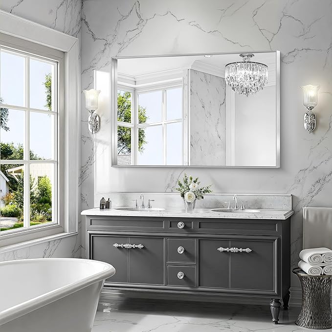 CIRCUMI Silver Bathroom Mirror, 36"x55" Rectangular Mirror with Deep Metal Frame, Brushed Finish, Tempered Glass, Large Mirror for Wall, Over 2 Sinks, Installed Vertically/Horizontally, Crystal-Clear