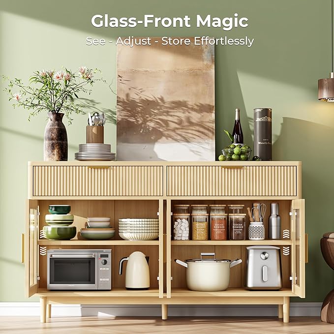 IRONCK 59'' Sideboard Buffet Cabinet with Drawers, Modern Kitchen Storage Cabinet with Adjustable Shelves and Tempered Glass Doors, Wood Coffee Bar for Kitchen, Living Room, Oak