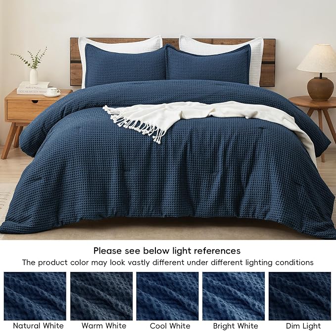 PHF Ultra Soft Waffle Weave Comforter Set Twin Size, 2 Pieces Lightweight Breathable Comfy Bedding Set, Comfy Textured 1 Comforter with 1 Pillow Shams, Navy Blue