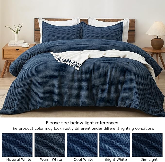 PHF Ultra Soft Waffle Weave Comforter Set Queen Size, 3 Pieces Lightweight Breathable Comfy Bedding Set, Comfy Textured 1 Comforter with 2 Pillow Shams, Navy Blue