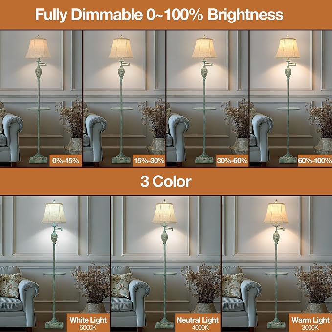 Traditional LED Floor Lamp with 350° Adjustable Swing Arm Lamp – Vintage Standing Pole lamp for Living Room, Bedroom and Office – Rustic Upright Floor Light for Home Décor with Silk Fabric Shade