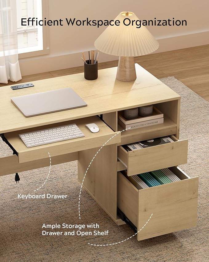 EYYTHUNG 59" Farmhouse Office Desk, Wide Home Executive Desk with File Drawer & Open Storage & Power Outlet, Wooden Computer Desk for Study Writing, Light Oak
