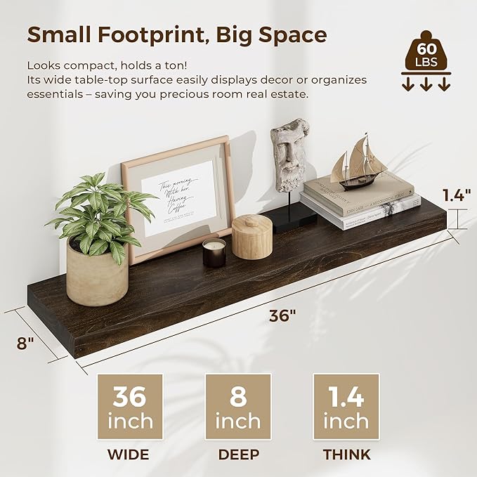 Wood Floating Shelves 36 Inch Long, Rustic Solid Elm Wood Shelves for Home Decor, 8 Inch Deep Wall Shelf with Invisible Bracket for Living Room Bathroom Bedroom Kitchen, Walnut Color, Set of 2