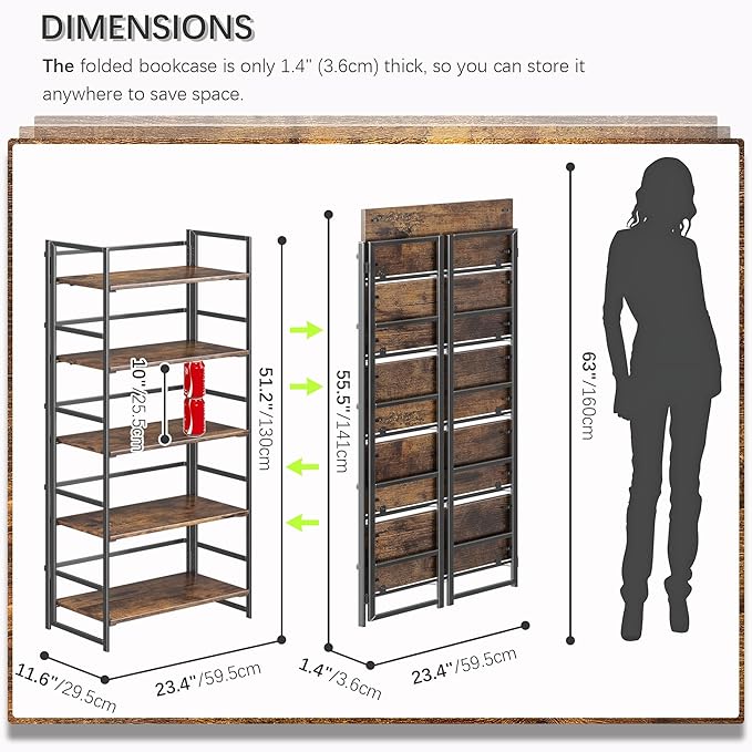 4NM No Assembly 5 Tiers Collapsible Book Shelves, 51.2" H Folding Bookshelf Bookcase Open Industrial Foldable Shelves for Bedroom, Living Room, Home Office - Rustic Brown Black