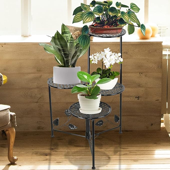 NAKUPE Plant Stand Indoor Outdoor, 4 Tier Corner Metal Flower Display Holder Shelf for Multiple Plants, 30" Tall Heavy Duty Planter Rack for Patio Garden Balcony Living Room, Black