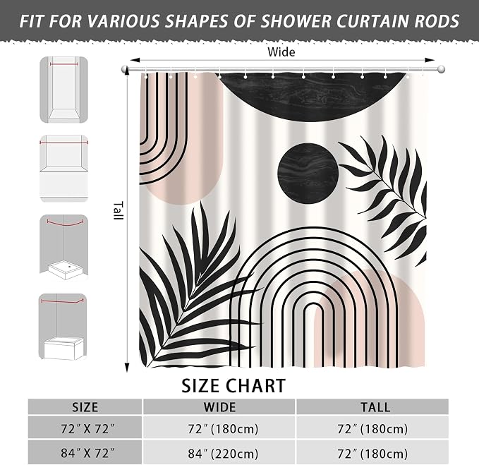 Mid Century Abstract Boho Aesthetic Shower Curtain Set, Green Nature Leaf Sun Modern Minimalist Home Bathroom Curtain Decor with 12 Hooks 72 Inch Wide * 84 Inch High