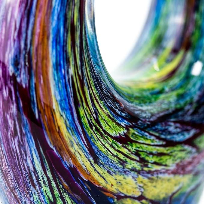 14" Hand Blown Murano Style Glass Sculpture, Abstract Colorful Art Figurine, Modern Designer Home Decor for Living Room Office Patio Garden, Unique Collectible Gift for Art Lovers