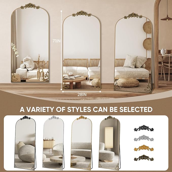 Antok Arched Full Length Mirror, 71"x28" Floor Mirror with Carved, Full Body Mirrors for HomeDecor, Standing/Halling Large Wall Mirror for Bedroom, Living Room, Cloakroom, Bronze, Luxury Style