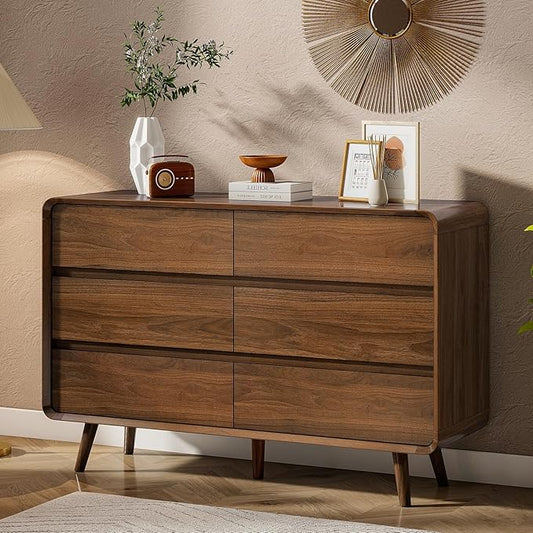 Mid Century Modern Dresser for Bedroom, 47'' Wide Dressers & Chests of Drawers with 6 Storage Drawers, Dark Walnut Dresser Wood TV Stand for Living Room, Closet