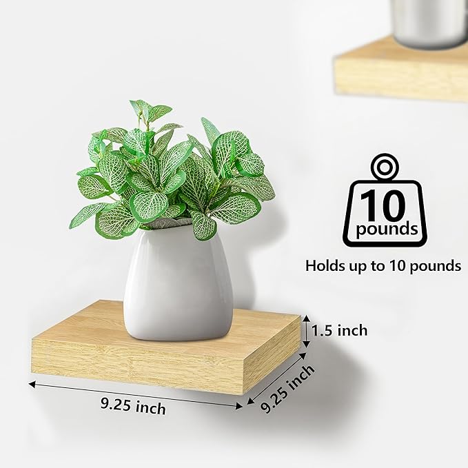Sorbus 9X9 Inch Floating Shelves for Wall – Square Floating Shelf with Invisible Mounting Bracket for Kitchen, Bedroom, Living Room & Bathroom Decor – Rustic Showcase Wall Shelf (Maple Wood, 4 Pack)