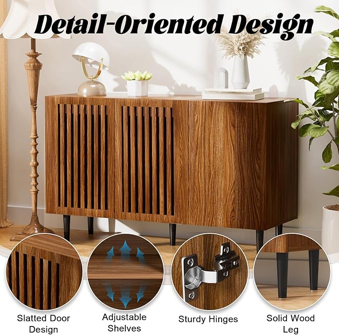 CHUWELL Farmhouse Storage Cabinet, 47.2" Buffet Cabinet with 3 DIY Doors and Adjustable Shelf, Sideboard Coffee Bar with Solid Wood Feet for Kitchen,Dining Room,Living Room,Brown