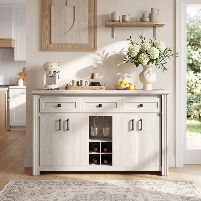Buffet Sideboard with Storage, 55" Large Kitchen Storage Cabinet with 4 Doors, Wine Rack & Glass Holder, Farmhouse Wood Coffee Bar Buffet Table with Shelves for Kitchen, Dining Room, White