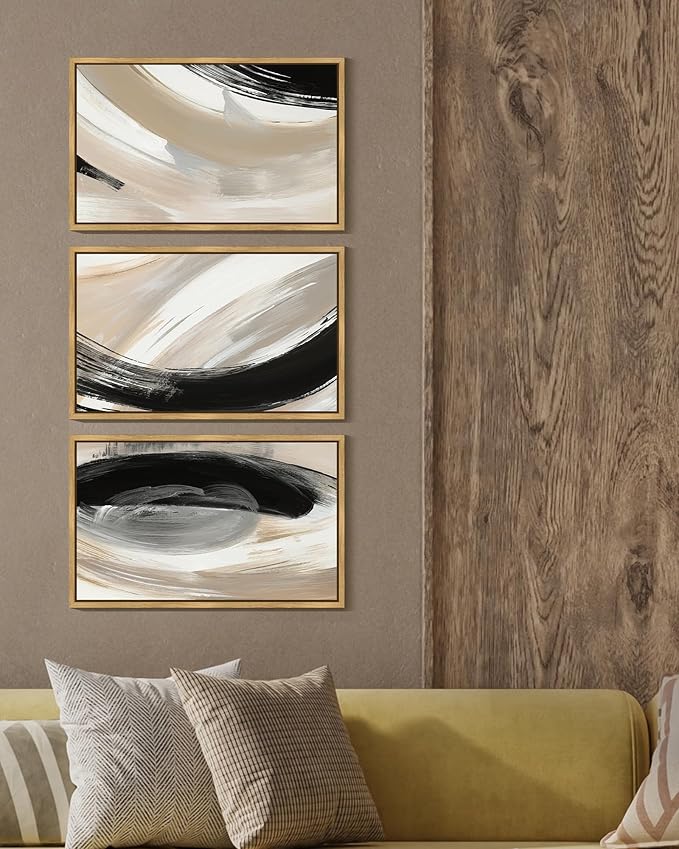 KUVIOKE Black Abstract Framed Wall Art Neutral Minimalist Graffiti Pastel Wall Decor Modern Illustration Art Painting for Bedroom Dining Room 16x24in (Natural Framed)