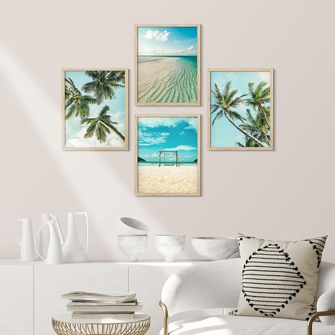 SIGNWIN Framed White Topical Teal Sky Palm Tree Beach Ocean Seaside Wall Art, Set of 4 Landscape Colorful Wall Decor Prints, Nature Wilderness Wall Décor for Living Room, Bedroom - 12"x16" Natural