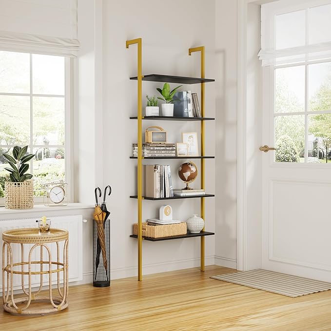 Modern Trapezoid Open Shelving Unit - 5-Tier, Wall-Mounted, High-Strength MDF & Metal