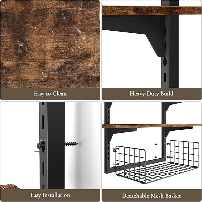 3 Tier Floating Shelf with Storage Baskets, Wall Mounted Bathroom Shelves Over Toilet, Wood Wall Shelves for Kitchen, Bedroom, Living Room, Home Organization and Decor, Rustic Brown