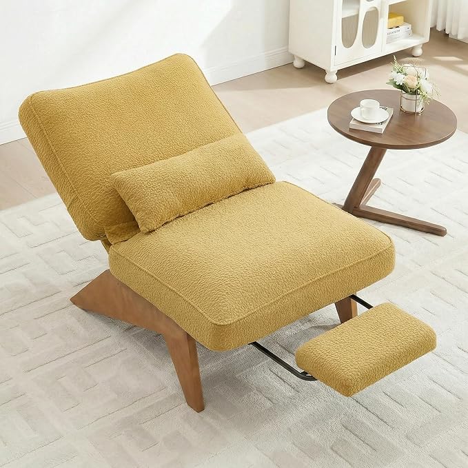 Accent Chair with Ottoman Adjustable Backrest, Stripe Living Room Chair Indoor Lounge Chair with Build-in Footrest Set, Modern Chair Cozy Reclining Chair for Reading Room, Yellow