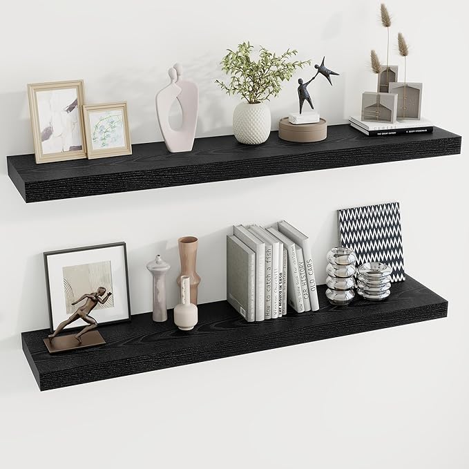 Dreamland 48 inch Floating Shelves for Wall Large Wall Mounted Shelves with Invisible Brackets, Black Long Shelves for Bathroom, Living Room, Kitchen, Office, 48x9.1 inch deep Set of 2