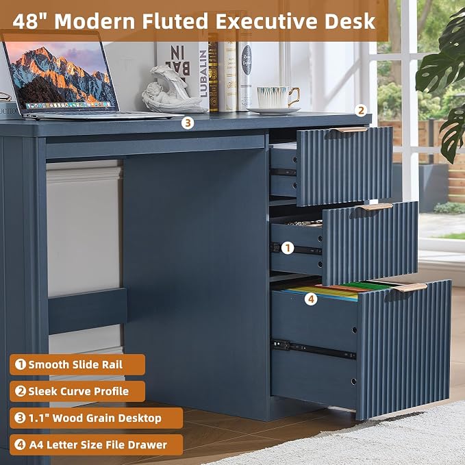 LEYAOYAO Office Desk 48" with 3 Drawers Storage File Cabinet Wood Fluted Desk for Computer Office Bedroom Home Furniture Blue