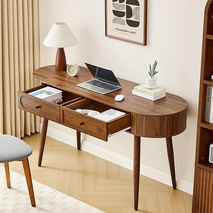 Mid-Century 59" Wood Writing Desk, Home Office Computer Laptop Desk with 2 Flip Storage Space + 2 Drawer, 150 CM Elegant Fluted Vanity Table Multifunctional Study Desk for Office, Bedroom (Wlanut)
