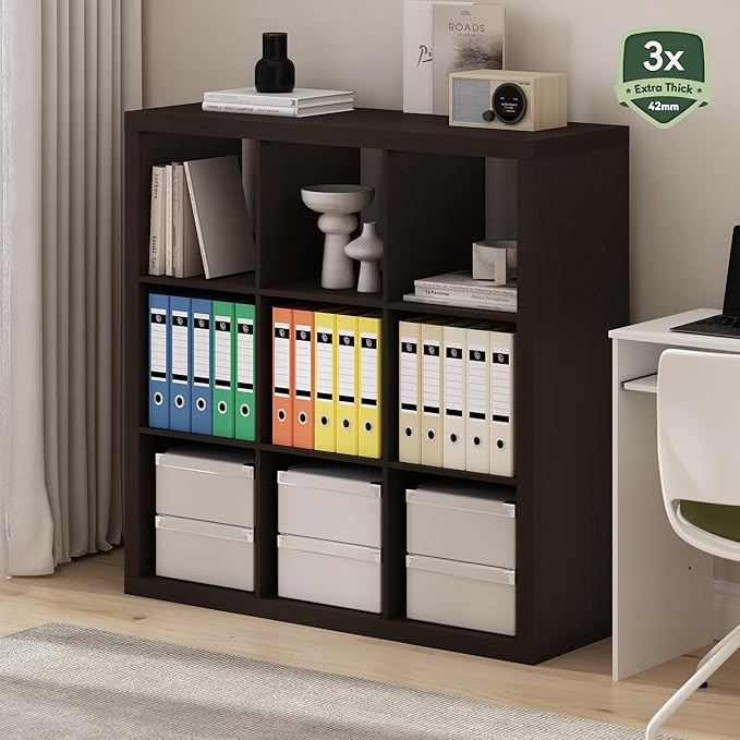 Furinno Cubicle Book Shelf, 9-Cube Bookshelf, Triple Thick Frame Cube Storage Organizer, 1.65" Thick Bookcase, 15.4" x 43.8" x 43.4", for Home Office, Living Room, Black Oak