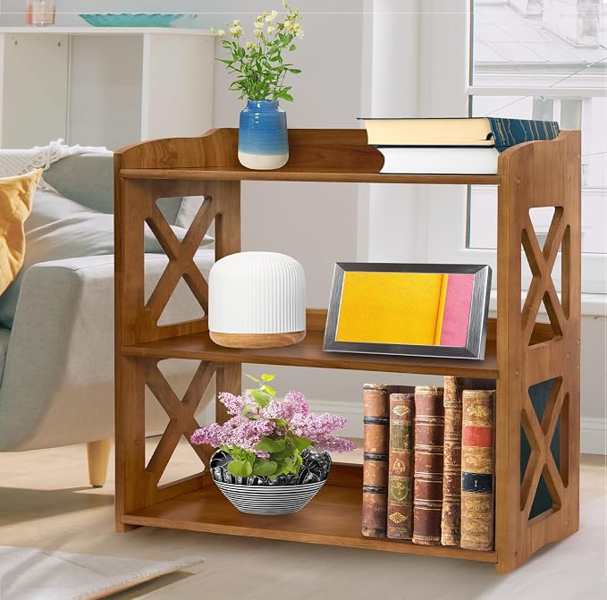 3 Tier Bookshelf, Narrow Bookshelf Wood Bookshelf Organizer, Small Bookcase Display Shelf, 3 Shelf Bookcase for Desktop, Office, Bedroom, Living Room (Brown, 3 Tier)