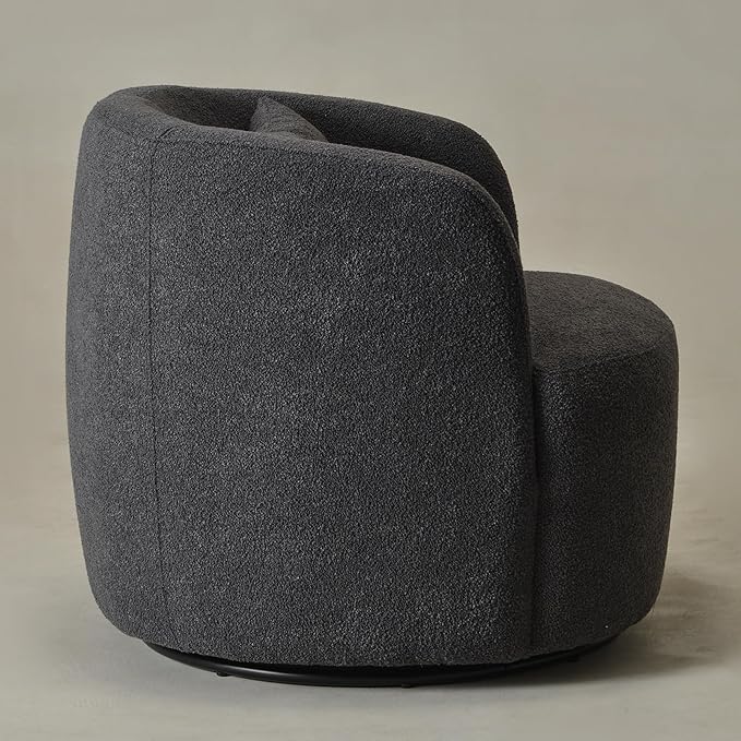 KINWELL 34" Wide Boucle Swivel Barrel Chair, No Assembly Round Upholstered Armchair Accent Chair Single Sofa Chair with Toss Pillow for Living Room and Bedroom, Dark Grey