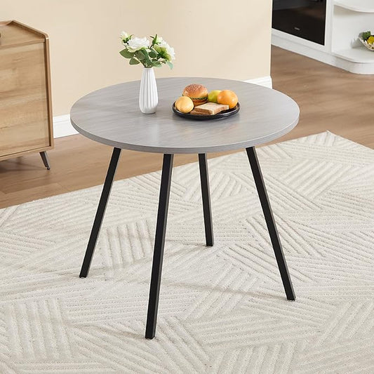 34.6" Round Dining Table for 2-4, Mid-Century Modern Small Kitchen Table with Woodgrain Top & Black Metal Legs, Space-Saving Table for Apartment, Breakfast Nook, Small Spaces - Light Gray