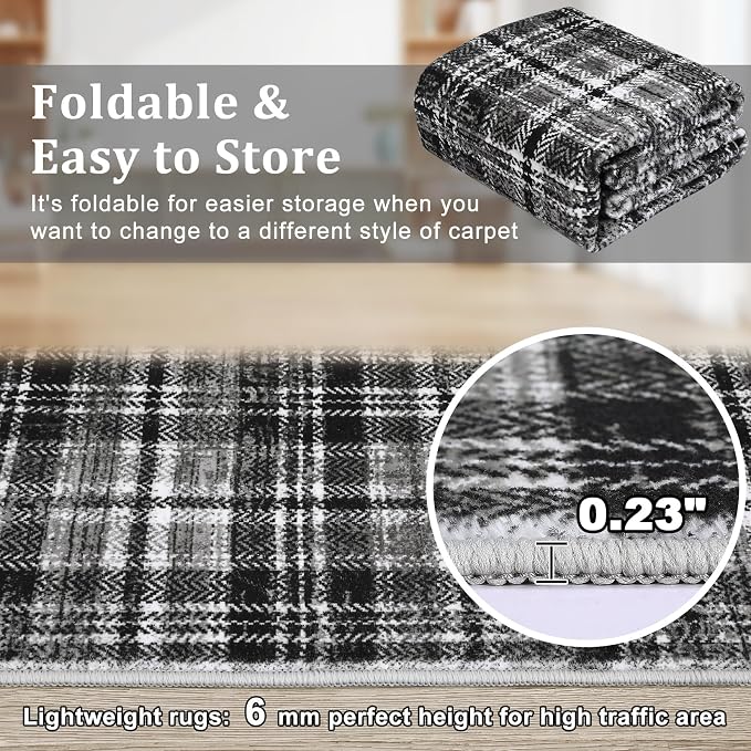 Washable Rugs 8x10 Rug for Living Room Soft Bedroom Rug Modern Plaid Black Large Area Rug Non Slip Throw Rugs Non Shedding Stain Resistant Carpet for Nursery Dining Room 8'x10' Black/Grey