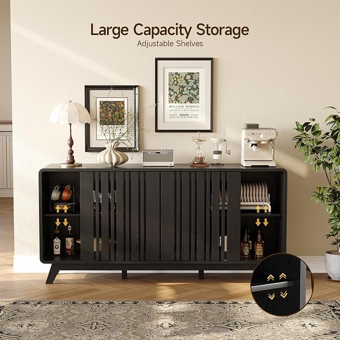 ONBRILL Sideboard Buffet Cabinet with Storage, Fluted Buffet Cabinet with Sliding Doors & 4 Drawers, Mid Century Modern Coffee Bar Wine Bar Credenza for Living Room, Kitchen (Black)