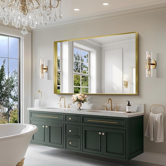 CIRCUMI Gold Bathroom Mirror, 36"x55" Rectangular Mirror with Deep Metal Frame, Brushed Finish, Tempered Glass, Large Mirror for Wall, Over 2 Sinks, Installed Vertically/Horizontally, Crystal-Clear