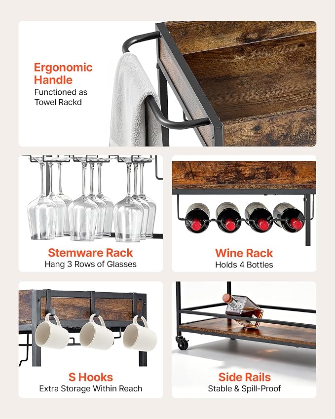 VEVOR Bar Cart, 3 Tiers Home Kitchen Serving Carts, Industrial Rolling Utility Station on Wheel, Mobile Drink Beverage Shelf with Wine Rack & Glass Holder, 34.64x14.17x32.68 in, Rustic Brown and Black