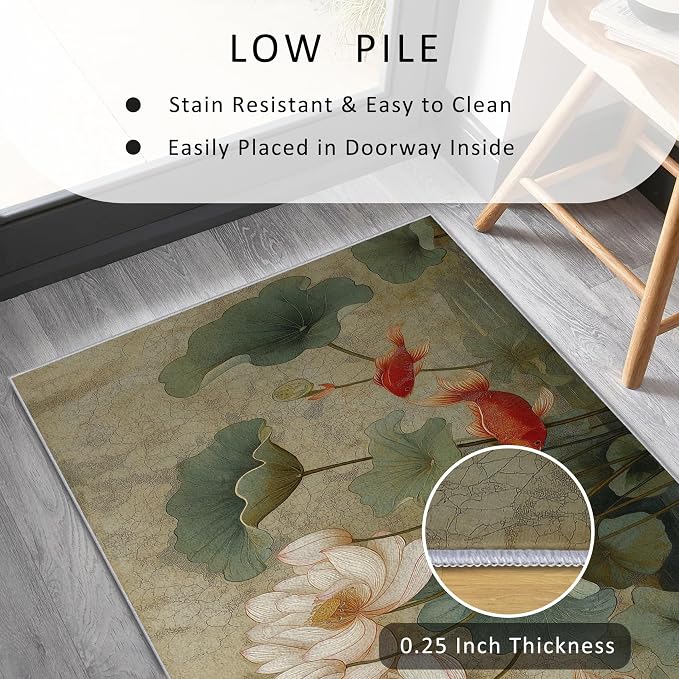 Lotus Flower Runner Rug 3x11, Koi Fish Design, Asian Art Area Rug, Washable Carpet Runner for Bedroom, Standard Hallways, Kitchen Walkway, Dining Room Sideboard