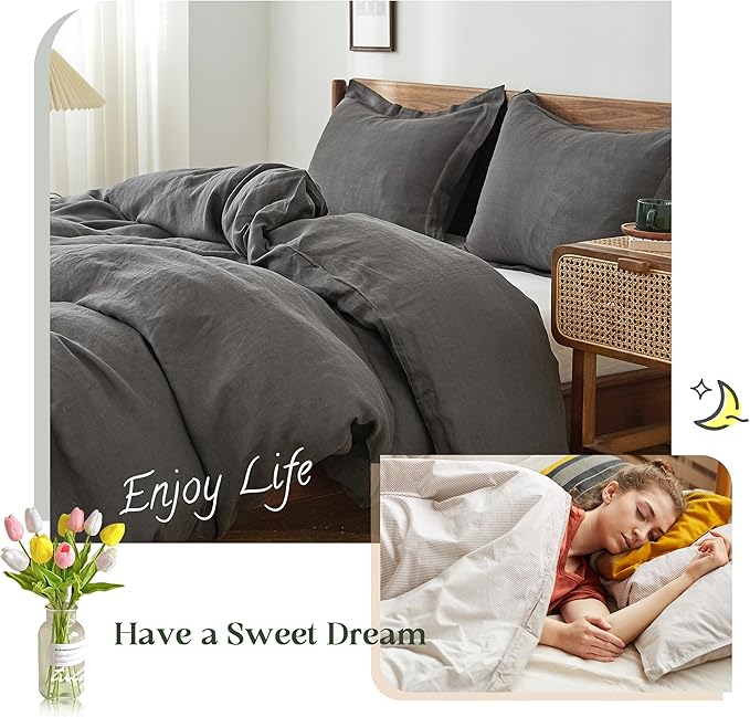 Simple&Opulence 100% Linen Duvet Cover Set, Natural French Flax Dark Grey Duvet Cover Twin Size, Breathable Soft Comfy Linen Bedding Comforter Cover with 1 Pillowcase(Dark Grey, 68"x86")