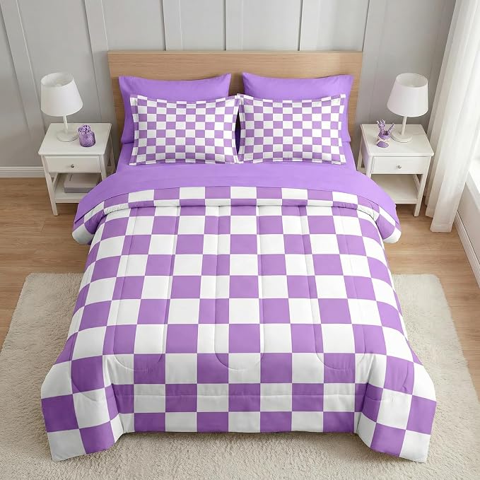 Nesker Comforter Set Twin Size, Purple Plaid Gingham 5 Pcs Bedding for Kids and Adults, Checkerboard Grid Bed Sheet Sets with Fitted Sheet Pillowcase & Sham
