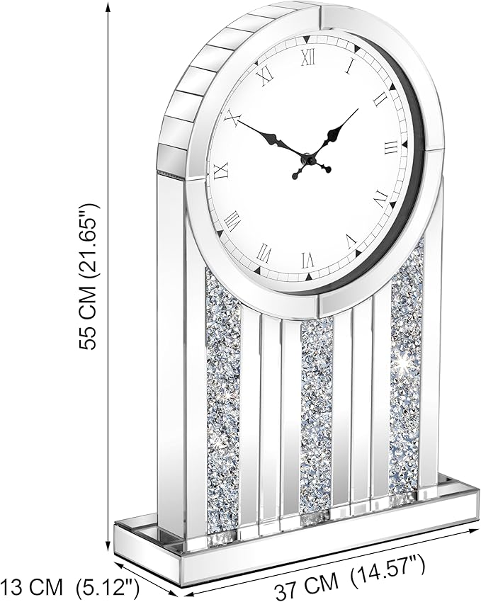 SHYFOY Luxury Mirrored Table Clock, 21.7 Inch Desk Clock with Crystal Accents, Silent Non-Ticking Decorative Desk Clock, Battery Operated, Elegant Living Room, Bedroom, Office Decor