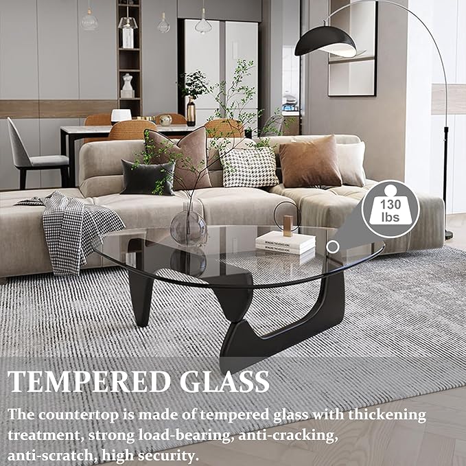 Mid-Century Modern Coffee Table,Tempered Glass Top & Natural Wood Base Triangle Coffee Table for Living Room,Small Space,Office Abstract End Tables (Black/Brown, Medium 35.8 * 25.5 * 16in)