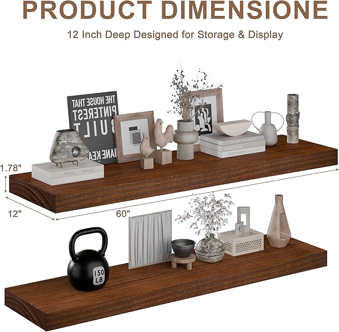 Floating Shelves for Wall, 12x60 Inch Extra Long Walnut Wood Wall Mounted Shelves, Set of 2 with Invisible Brackets for Living Room, Bedroom, Kitchen, Modern Farmhouse Decor