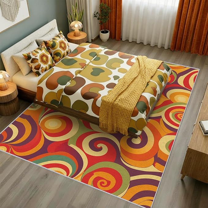 70s Retro Rug 7x9 Swirl Psychedelic Groovy Hippie Pop Pattern Area Rugs for Living Room, Bedroom, 70s Retro Home Decor Accessories Indoor Carpet, Non Slip & Machine Washable, GD0320