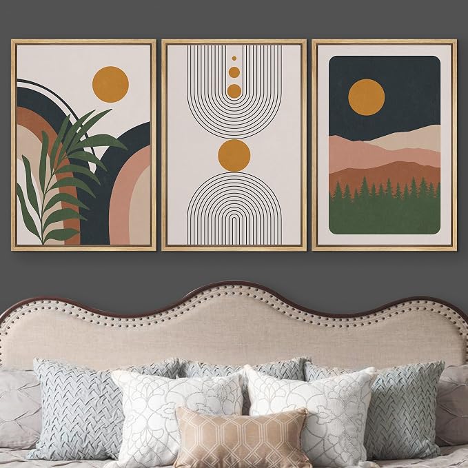 wall26 Framed Canvas Print Wall Art Set Boho Geometric Mid-Century Plant Planet Landscape Nature Abstract Illustrations Modern Bohemian Decorative for Living Room, Bedroom, Office - 24"x36"x3 Natural