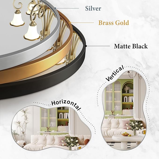 Irregular Wall Mirror - Wall Mirrors Decorative 24"x36" Silver Asymmetrical Mirror Tempered Glass Aviation Aluminum Alloy Frame for Bathroom, Bedroom, Living Room, Cloakroom, Entryway