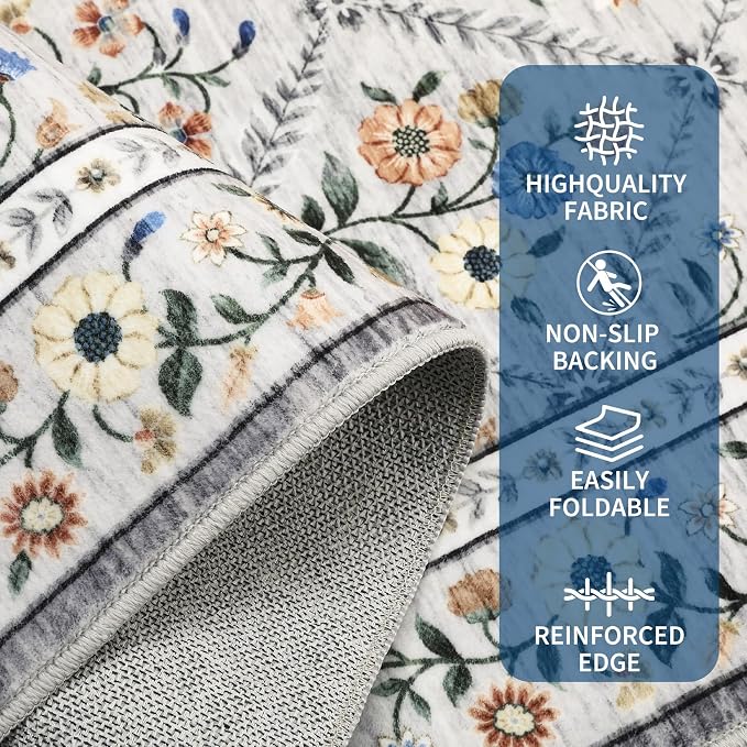 GarveeHome Grey Floral Rug 4x6 Rug Machine Washable Area Rug for Living Room Farmhouse Floral Low Pile for Dining Room, Bedroom Indoor Foldable Non-Slip Grey Beige RV