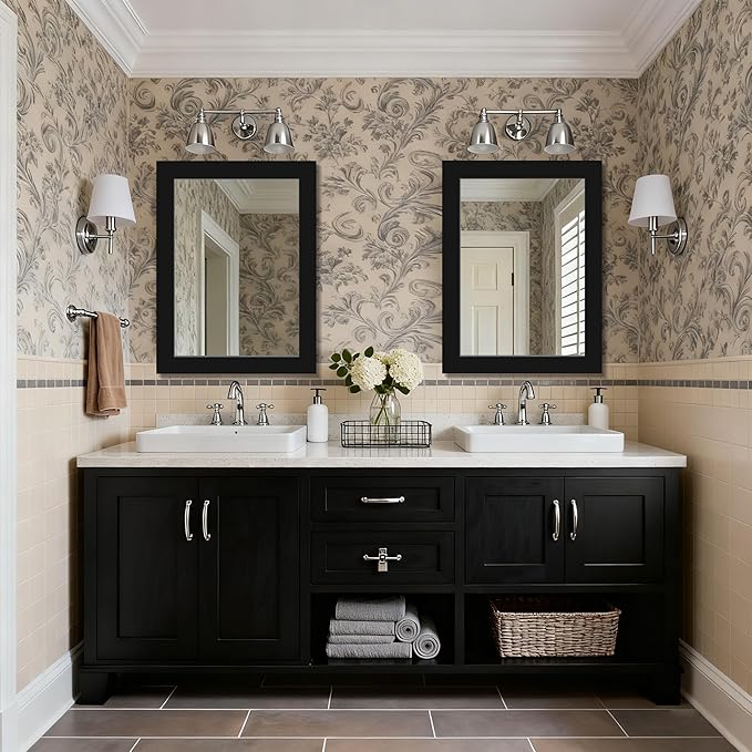 32''x24'' Rustic Wall Mirror for Bathroom Black Wood Frame, Classic Rectangle Mirror Farmhouse Vanity Wall Mirror Decor Living Room, Bedroom, Entryway