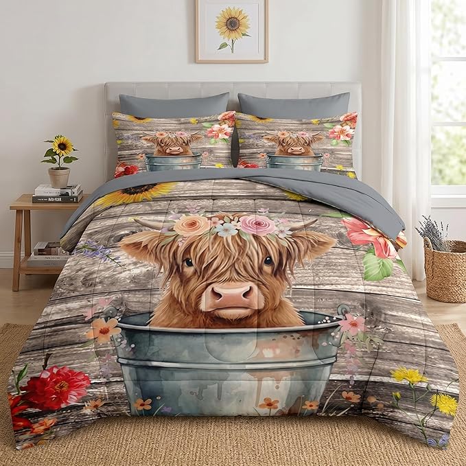 WeCozy 7 Pcs Full Size Comforter Set with 2 Pillowcases & 2 Shams, Highland Cow Flower Bedding for Kids and Adults, Happy Cute Cartoon Bed in a Bag with Flat Fitted Sheet