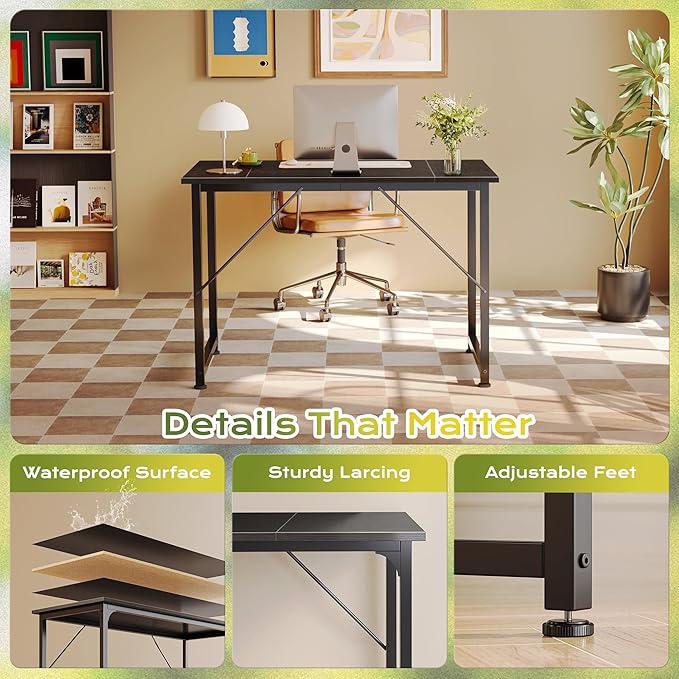 PRAISUN 39.4 Inch Computer Desk, Home Office Desk with Spacious Desktop, Modern Gaming Desk, Writing Study Table for Bedroom, Small Spaces, Work from Home Desk with Metal Frame, Black