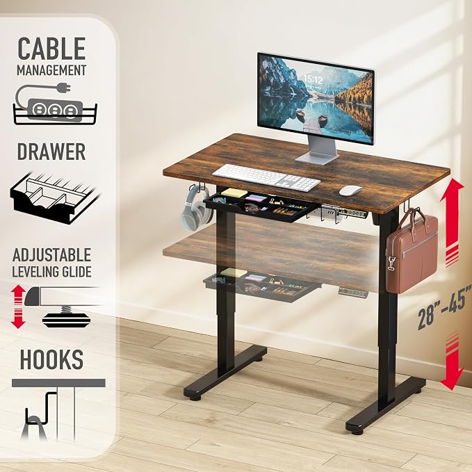 SHW 40-Inch Electric Height Adjustable Standing Desk with Drawer, Memory Preset and Cable Management Tray, Rustic Brown